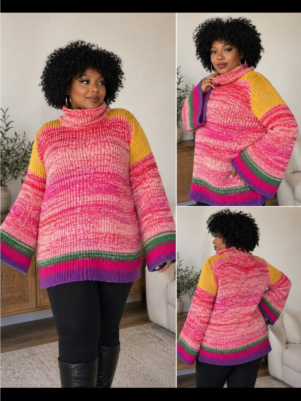 Plus-Size Multicolor Cowlneck Sweater - Pink with Yellow & Accent Stripes